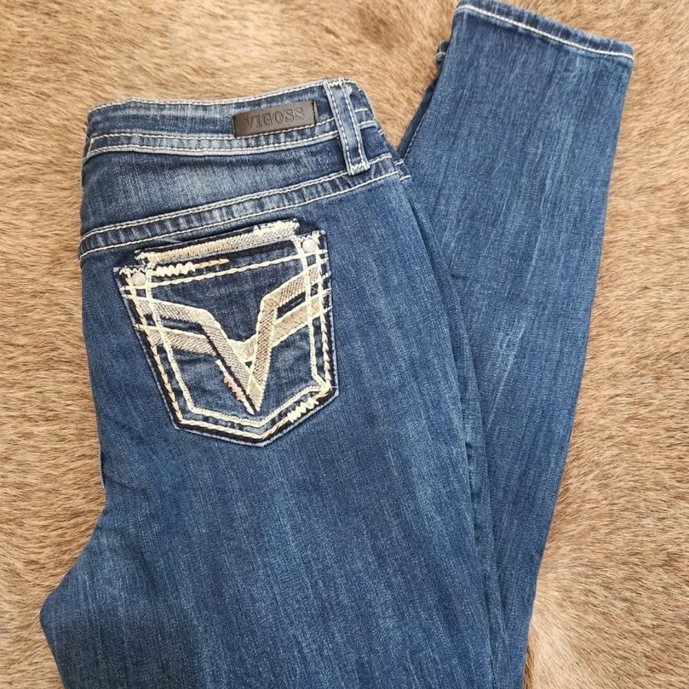 Vigoss Women's Slim Leg Jeans - Blue with Tan Stitching